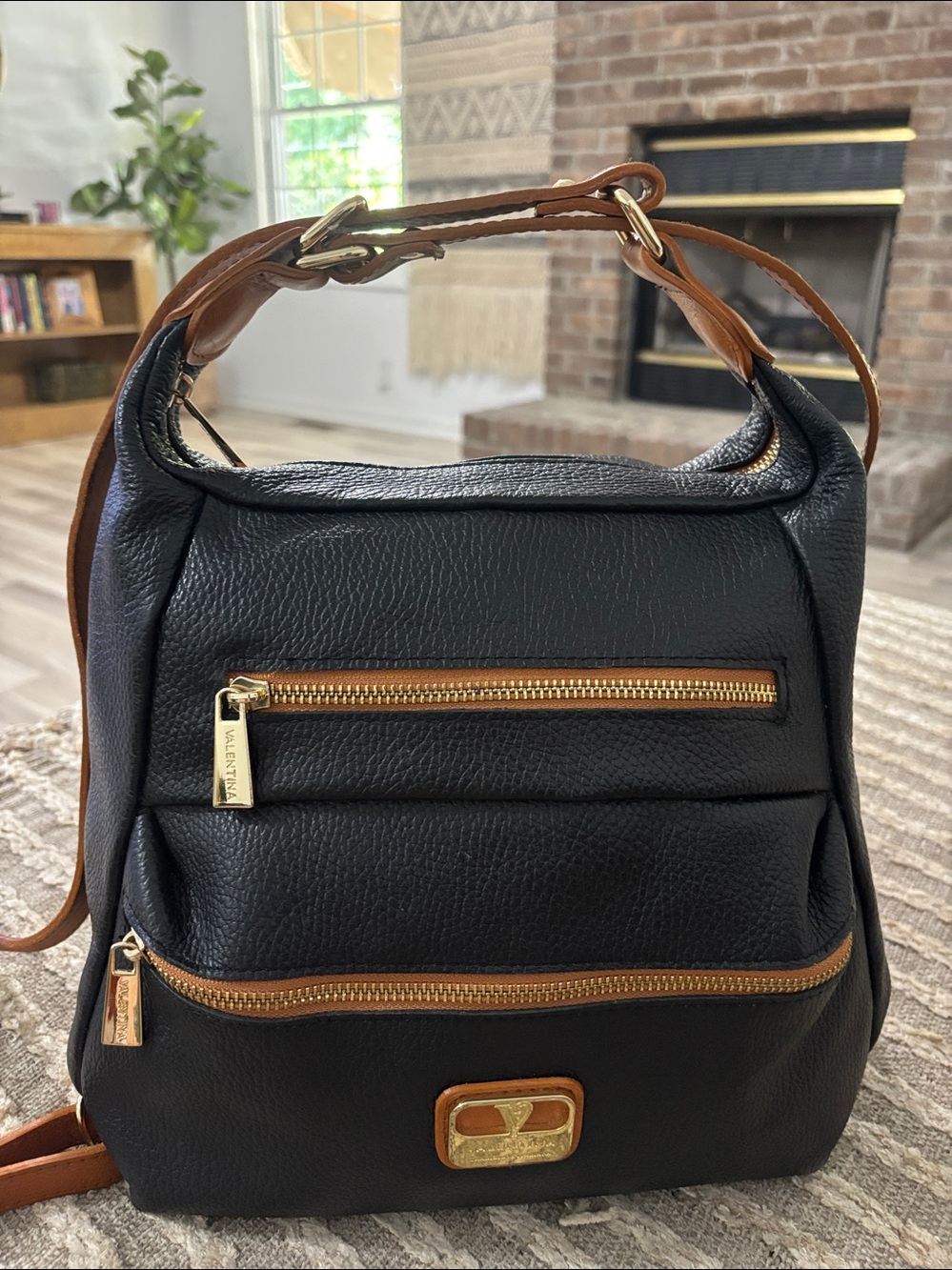 Valentina Italian Leather Convertible Sling Bakpack/Purse Black & Brown